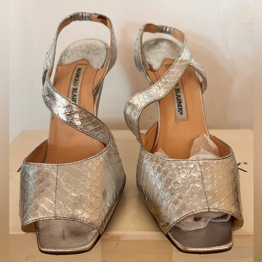 Manolo Blanhik Snake Skin Italy Size 38 Box Dust Bag Silver heel SHOES AUTHENTIC - Picture 3 of 9